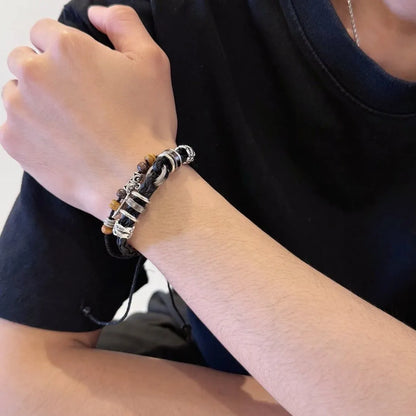 Bracelet Double Cuir Tressé Perles Bois Charm Feuille - Bohème