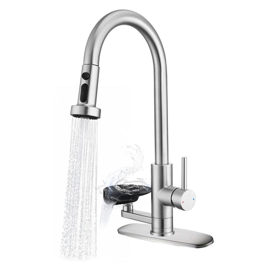 3-in-1 Kitchen Faucet With Press-Type Glass Rinser, High-Arc Pull-Down Sprayer Faucet, 3 Function Spray Mode, Brushed Nickel Finish, For Modern Kitchen Sink