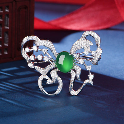 Broche Papillon Argent S925 - Chrysoprase Verte Cabochon