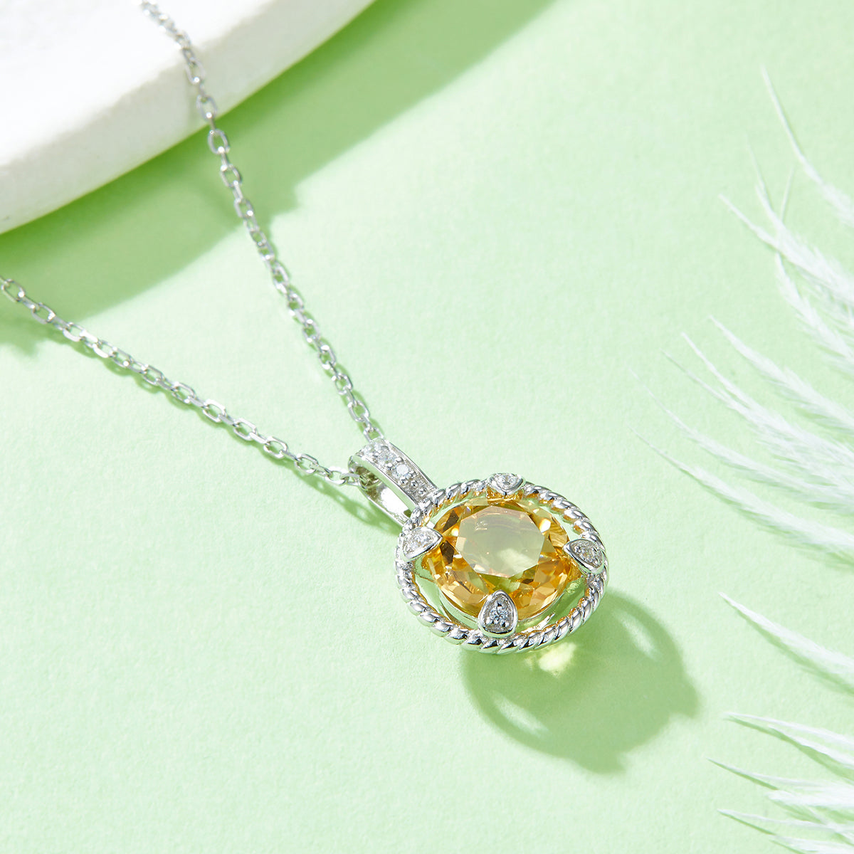 Collier Argent S925 Pendentif Citrine Naturelle 8mm