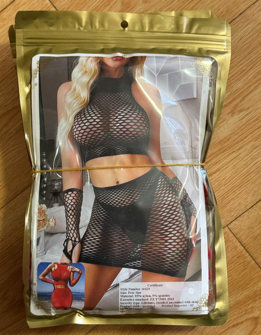 Women Fishnet Lingerie Set Sleeveless Halter Mesh Crop Top Mini Skirt Gloves 4 Pieces See Through Bodysuit Outfit Clubwear