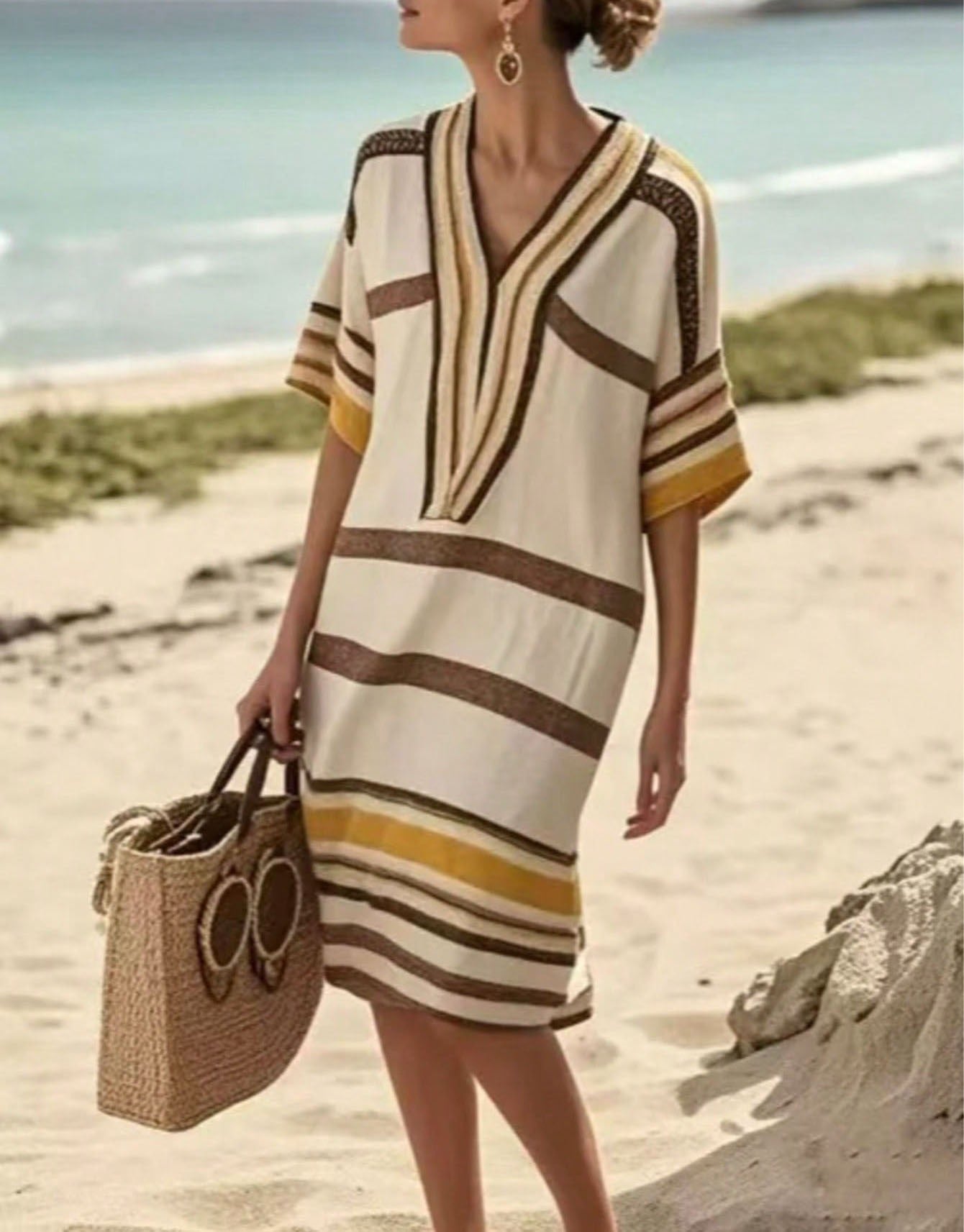 Robe Midi Rayée Col V - Coupe Ample Décontractée Été 2026