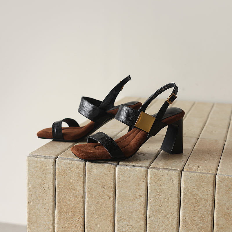 Women's Handmade Full - Grain Sheepskin Block Heel Sandals, Square - Toe Slingba