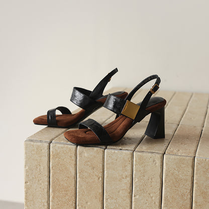 Women's Handmade Full - Grain Sheepskin Block Heel Sandals, Square - Toe Slingba