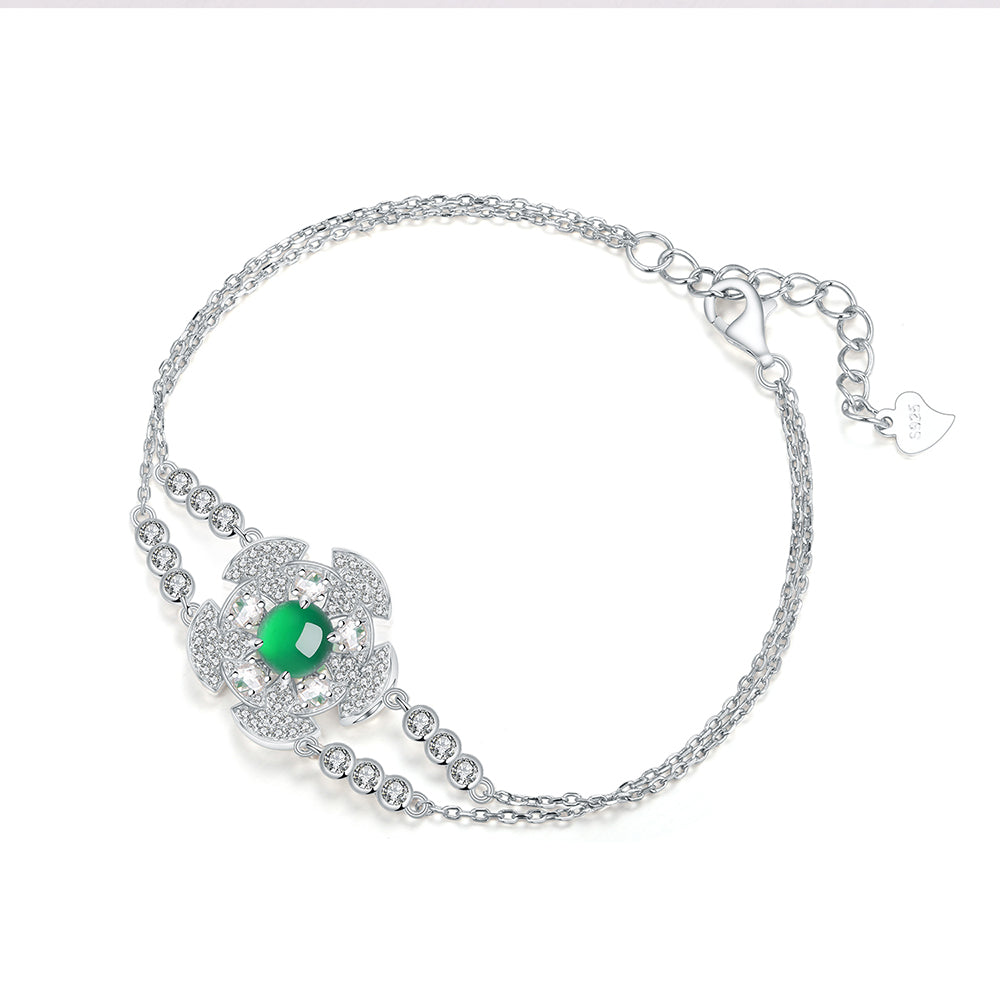 Bracelet Double Chaîne Argent S925 - Chrysoprase Verte 6mm