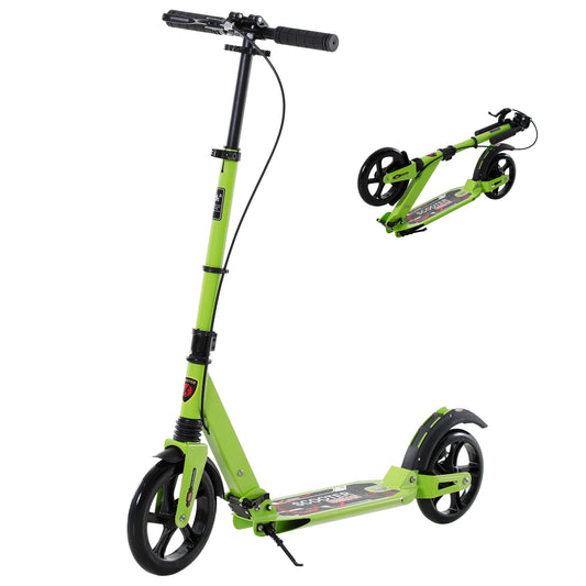 Kick Scooter, Folding 2 Wheel Scooter With Dual Brake System, Dual Suspension, 230mm Big Wheels And 3 Adjustable Handlebar, For 14+ Teens Adults, Up To 100KG, Green