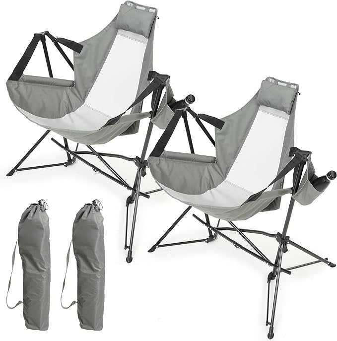 Chaise hamac de camping pliante en aluminium avec coussin et porte-gobelet, gris, lot de 2