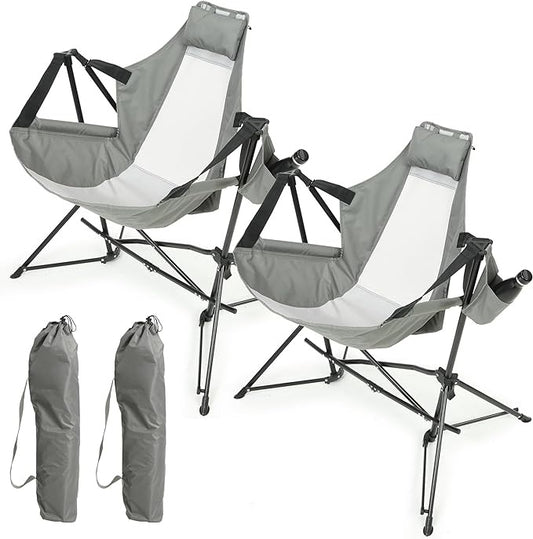 Chaise hamac de camping pliante en aluminium avec coussin et porte-gobelet, gris, lot de 2