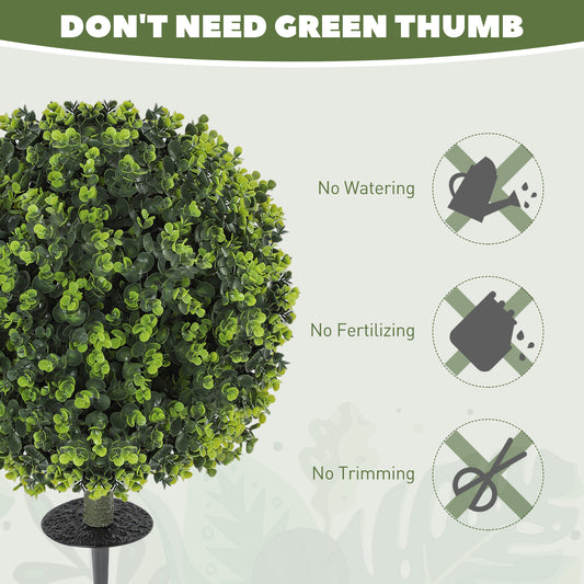 2 Pack 1.3ft Artificial Ball Eucalyptus Topiary With Ground Stake, UV Resistant Faux Greenery For Indoor Outdoor