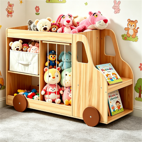 Meuble de Rangement Jouets 4-en-1 à Roulettes - Bibliothèque Voiture Bois