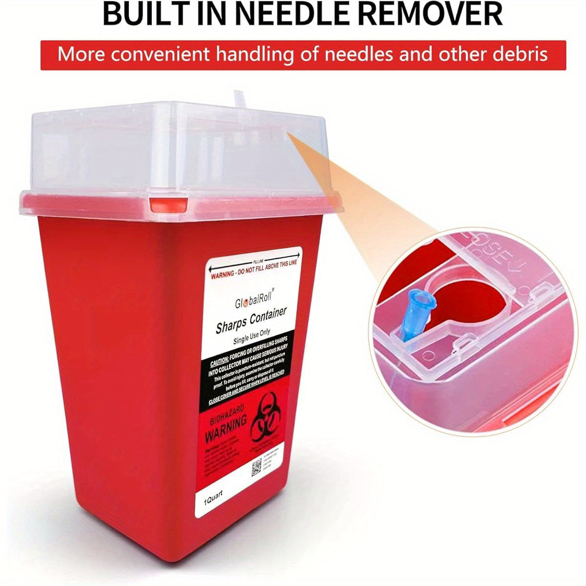 6 Pack GlobalRoll 1 Quart Sharps Containers - Biohazard Needle & Syringe Disposal Containers with Safety Lock, Red/Black Design for Home, Travel, Medical Use - OSHA & FDA Compliant, Sleek Oval Container, Secure Lid Closure, H