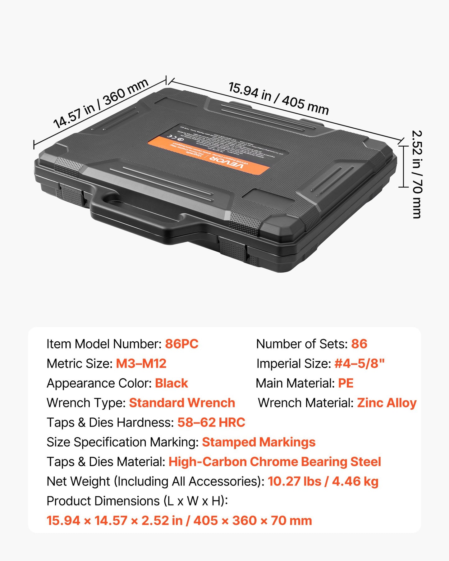 Tap And Die Set, 86-Piece Metric And SAE Sizes M3 To M12, #4 To 5/8", With Coarse And Fine Thread Taps And Dies, Wrench, Carrying Case And Complete Accessories, For Threading And Rethreading