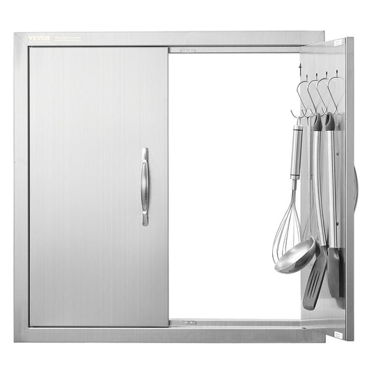 BBQ Access Door, 24W X 24H Inch Double Outdoor Kitchen Door, Stainless Steel Flush Mount Door, Double Wall Vertical Door With Handles And Hooks, For BBQ Island, Grilling Station, Outside Cabinet