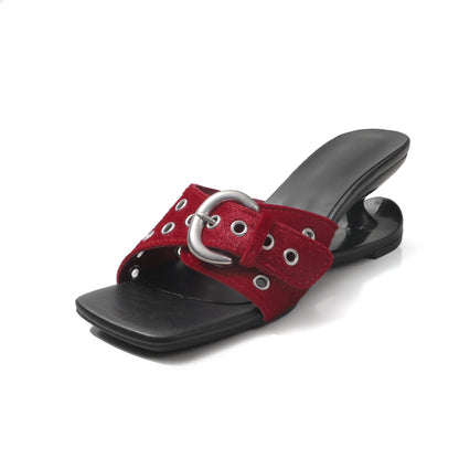 Women's Handcrafted Horsehair Buckle Slide Sandals, Square Toe Sculptural Heel M