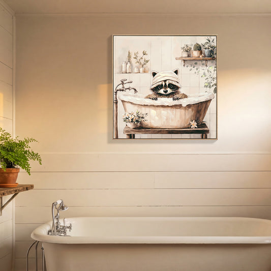 Raccoon Bathroom Canvas Wall Art Raccoon In Bathtub Painting Funny Animal Bathroom Wall Art Black And White Animal Bathtub Pictures For Bath Restroom Wall Decor Framed 24x24 Inch