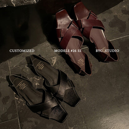 Women's Handmade Full - Grain Leather Crisscross Flat Sandals, Square - Toe Side