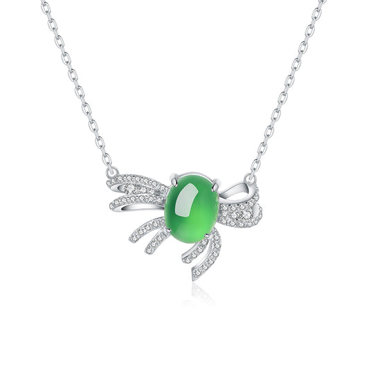 Collier Argent S925 Pendentif Nœud Chrysoprase Verte 9x7mm