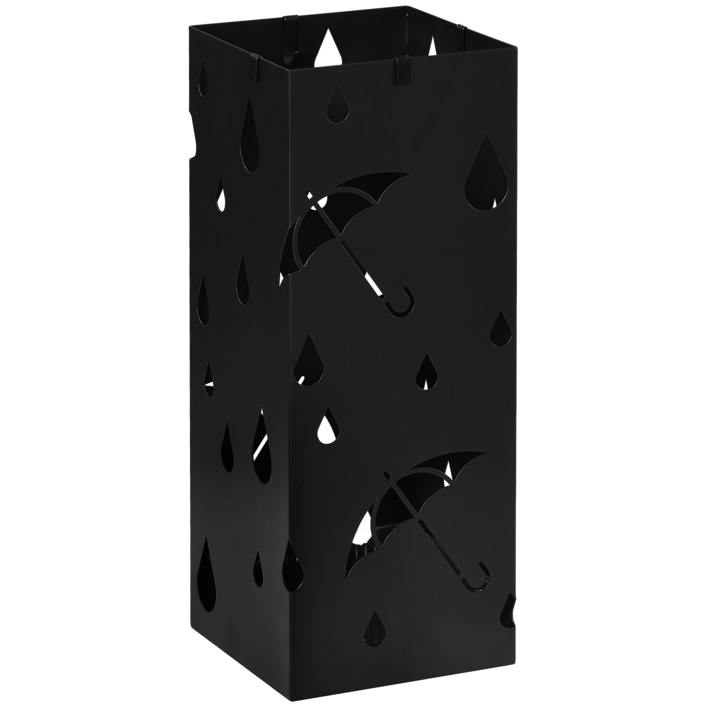 Steel Umbrella Stand, Square Umbrella Holder With 4 Hooks And Removable Drip Tray, Hollowed Umbrella Basket For Hallway, Black