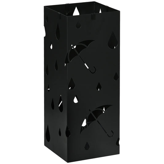 Steel Umbrella Stand, Square Umbrella Holder With 4 Hooks And Removable Drip Tray, Hollowed Umbrella Basket For Hallway, Black