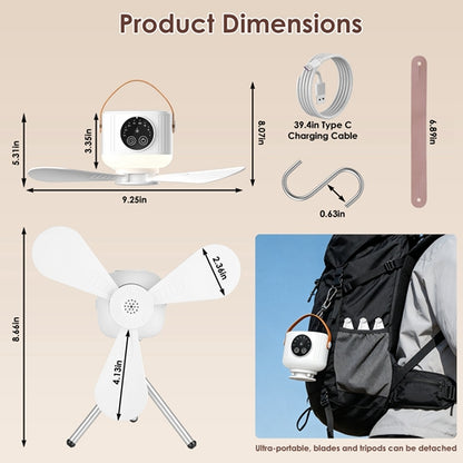 Ventilateur de plafond pour tente avec lumière et trépied, 7200 mAh rechargeable, sur batterie