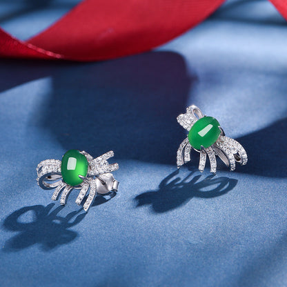 Boucles d'Oreilles Nœud Argent S925 - Chrysoprase Verte Cabochon
