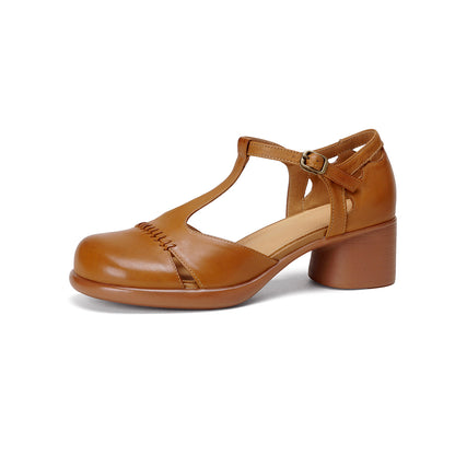 Women's Handmade Full - Grain Leather T - Strap Mary Jane Sandals, Premium Block