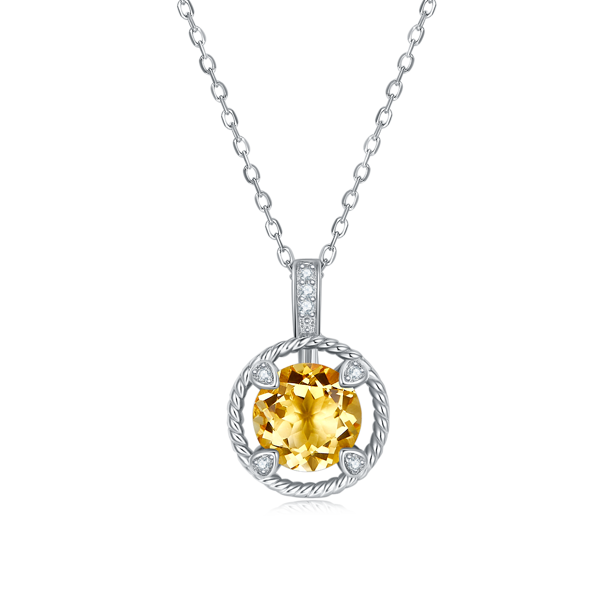 Collier Argent S925 Pendentif Citrine Naturelle 8mm