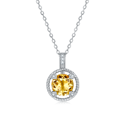 Collier Argent S925 Pendentif Citrine Naturelle 8mm