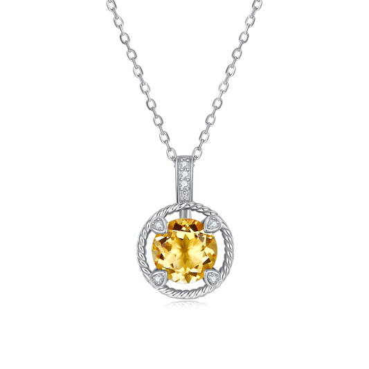 Collier Argent S925 Pendentif Citrine Naturelle 8mm