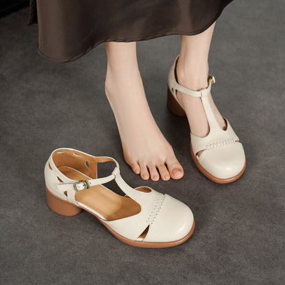 Women's Handmade Full - Grain Leather T - Strap Mary Jane Sandals, Premium Block