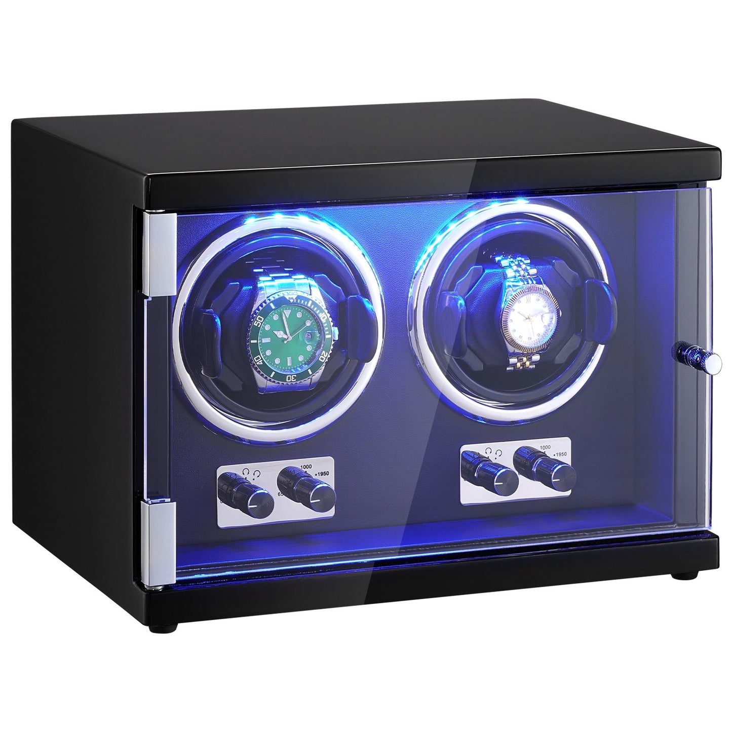 Watch Winder, Dual Watch Winder For Men's And Women's Automatic Watch, With 2 Super Quiet Japanese Mabuchi Motors, Blue LED Light And Adapter, High-Density Board Shell And Black PU