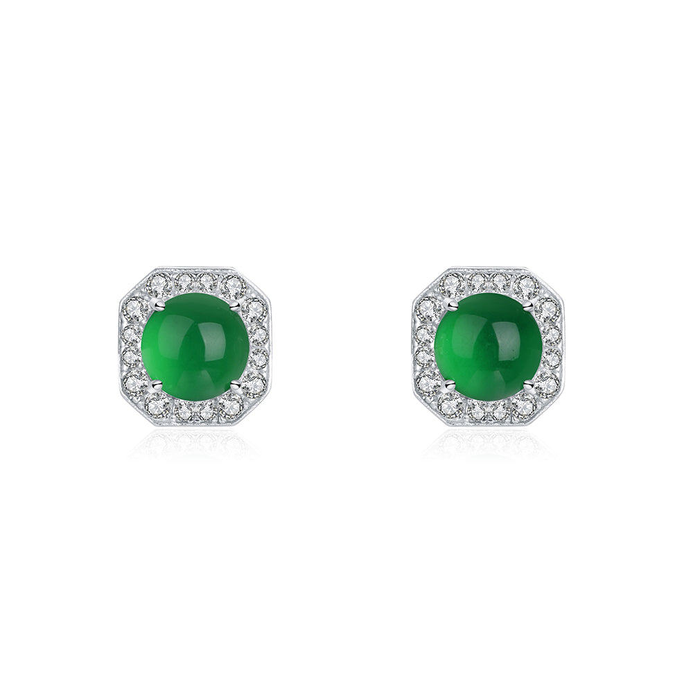 Boucles d'Oreilles Puces Halo Octogone Argent S925 - Chrysoprase