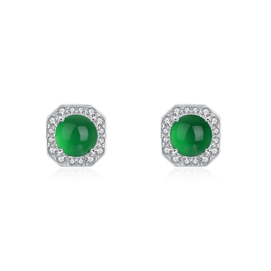 Boucles d'Oreilles Puces Halo Octogone Argent S925 - Chrysoprase
