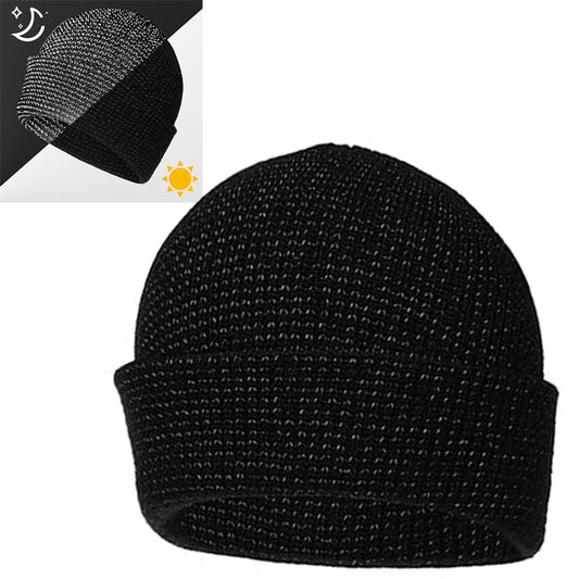 Black Winter Windproof Hat Knitted Reflective Beanie Hat Thick Warm Cap