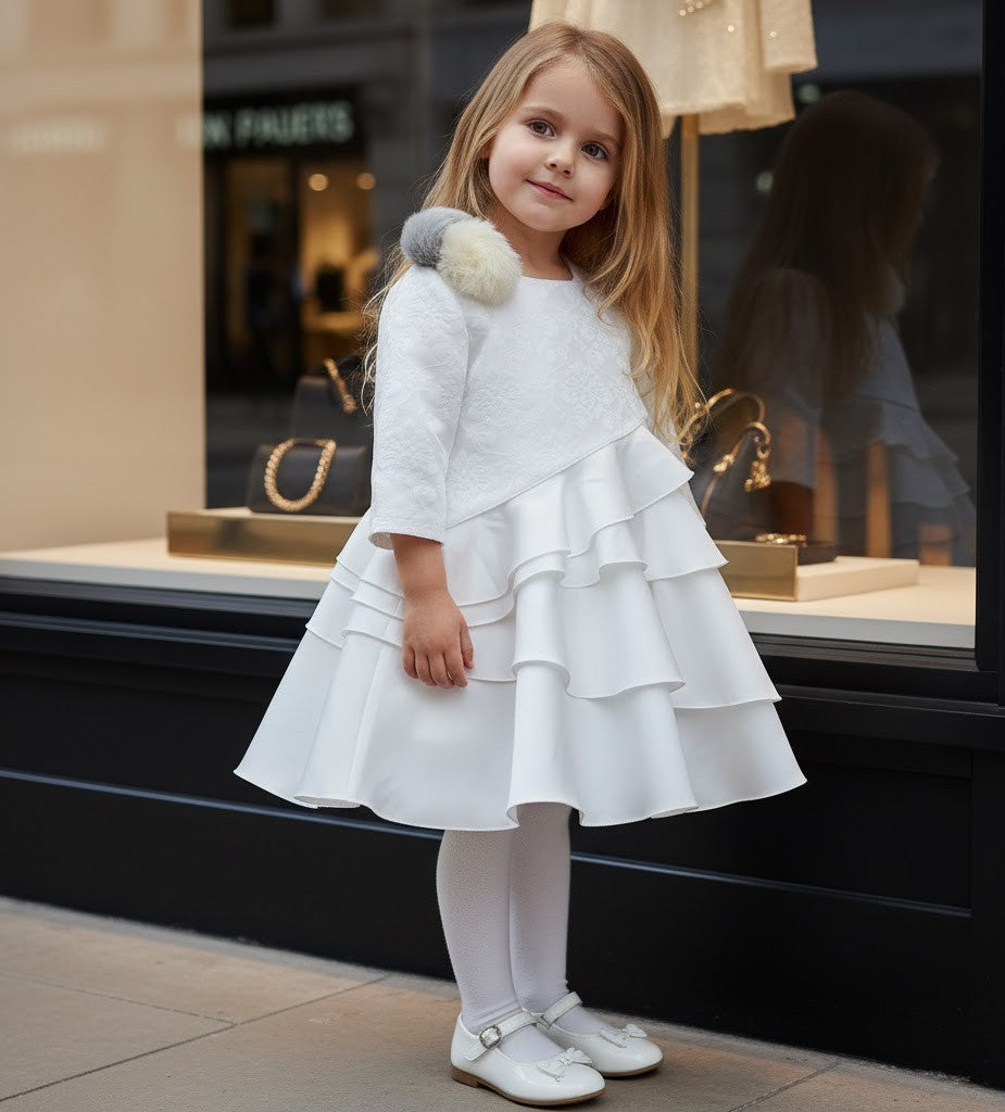 Girls Princess White Jacquard Satin Dress Elegant Multi - Layer Party Wear 2 - 1