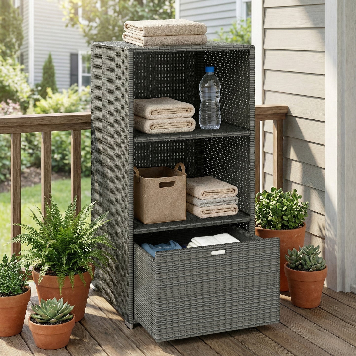 Valet Pool Towel Rack, Water-Resistant PE Plastic Rattan Wicker Storage Organizer, 2 Shelves, 1 Basket Drawer, Dark Gray