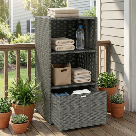 Valet Pool Towel Rack, Water-Resistant PE Plastic Rattan Wicker Storage Organizer, 2 Shelves, 1 Basket Drawer, Dark Gray