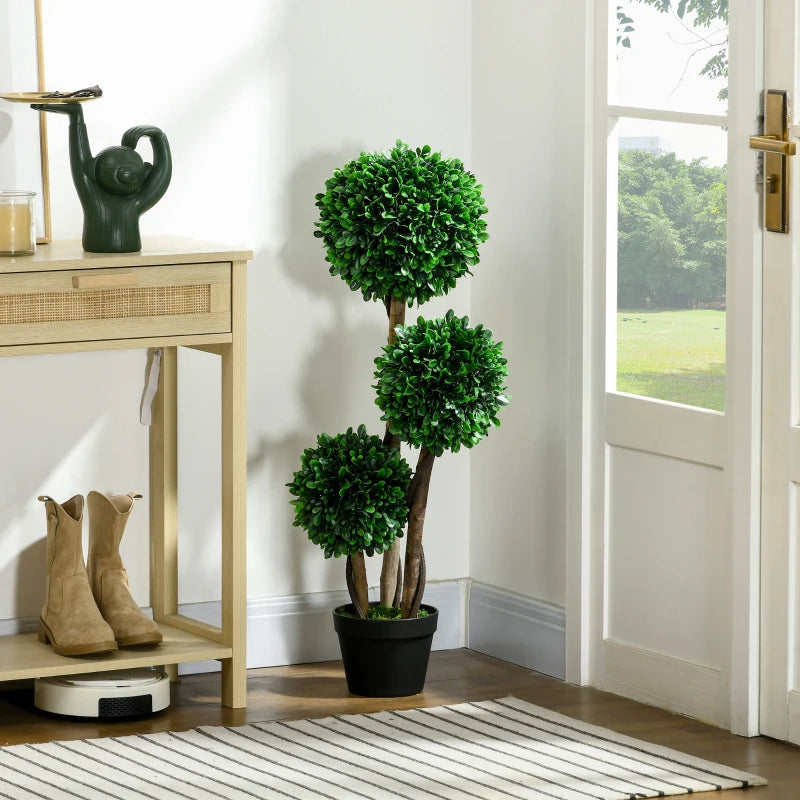 3ft Artificial Tree, Triple Ball Boxwood Topiary With Pot And Sandalwood Leaves, For Indoor Outdoor Home