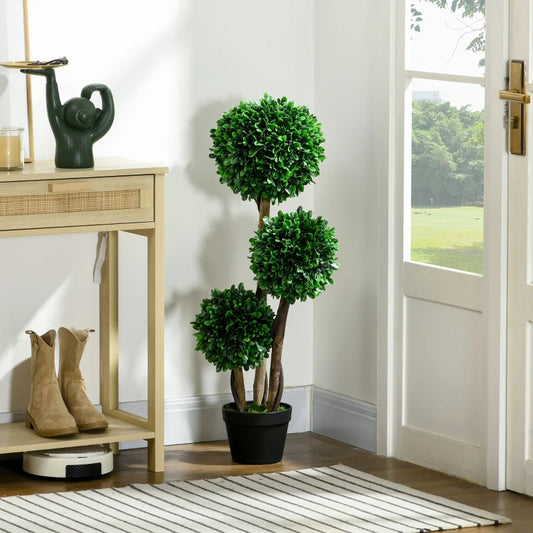 3ft Artificial Tree, Triple Ball Boxwood Topiary With Pot And Sandalwood Leaves, For Indoor Outdoor Home