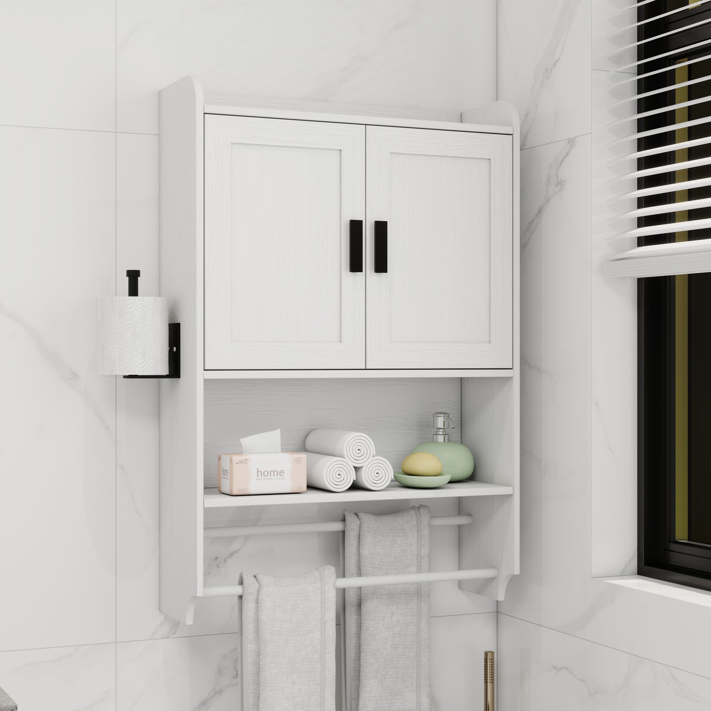 Bathroom Wall Cabinet With Doors,Adjustable Shelf,Towel Bar And Paper Holder, Over The Toilet Storage Cabinet, Medicine Cabinet For Bathroom-White