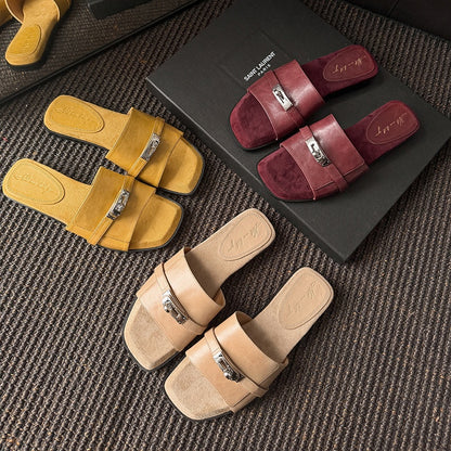 Women's Handmade Full - Grain Leather Slide Sandals, Metal Buckle Open - Toe Fla