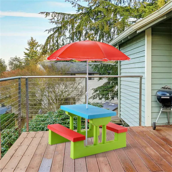 Children Outdoor Picnic Table Set With Foldable UV Protection Umbrella, Lightwei