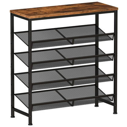 5 Tier Wood Top Shoe Rack, Industrial Storage For Entryway, Small Space Shoe Org