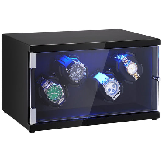 Watch Winder, Watch Winder For 4 Men's And Women's Automatic Watches, With 2 Super Quiet Japanese Mabuchi Motors, Blue LED Light And Adapter, High-Density Board Shell And Black PU