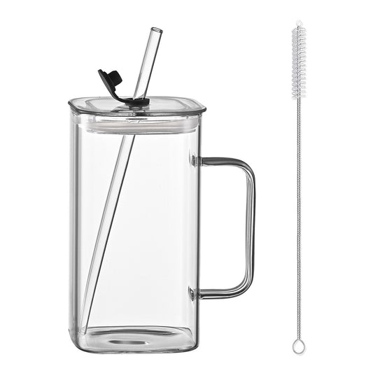 1 Pcs Transparent Glass Straw Cup, 4 Colors Square Glass Cup With Straw And Lid, High Borosilicate Glass Cup, Milk Cup, Juice Cup, Cold Drink Cup, Coffee Cup, Tea Cup, Office Cup, Gift Cup
