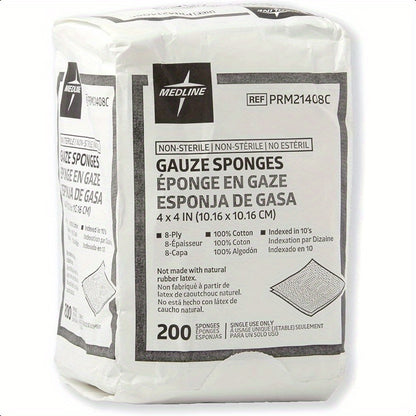Medline 4x4 Inch Gauze Sponges, 100%, 8-Ply Woven Non-Sterile Gauze, Pack of 200 - Soft & Absorbent for Healthcare, Home, Kitchen, Bathroom & Car Use, Kitchen Cleaning Aid | Simple Packaging | Quality Medical Product