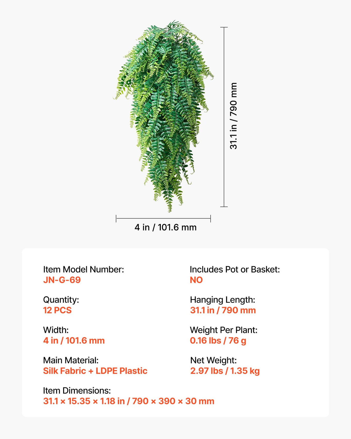 Artificial Ferns, 12 Pcs Fake Hanging Boston Fern Bush Plant With 32 Inch Hanging Length, Plastic Faux Greenery For Indoor/Outdoor Decor, For Wall, Wedding Party, Home, Porch Garden, No Basket