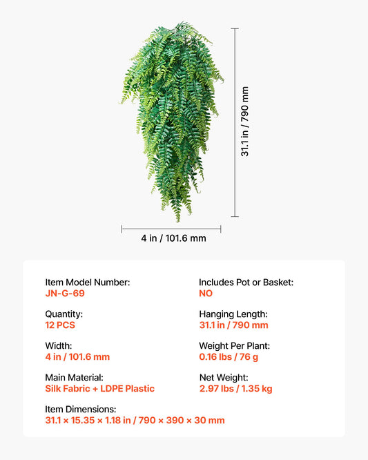 Artificial Ferns, 12 Pcs Fake Hanging Boston Fern Bush Plant With 32 Inch Hanging Length, Plastic Faux Greenery For Indoor/Outdoor Decor, For Wall, Wedding Party, Home, Porch Garden, No Basket