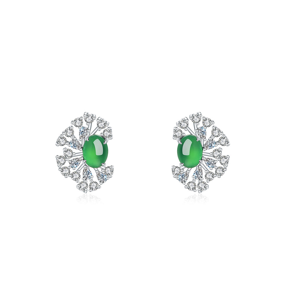 Boucles d'Oreilles Puces Halo Soleil Argent S925 - Chrysoprase Verte