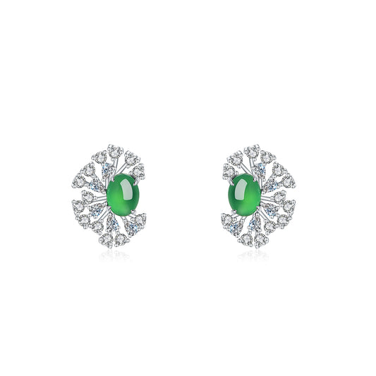 Boucles d'Oreilles Puces Halo Soleil Argent S925 - Chrysoprase Verte